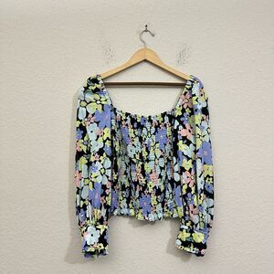 FREE PEOPLE Ariana Smocked Top Puff-Sleeve #OB1340366 Multi Floral Print